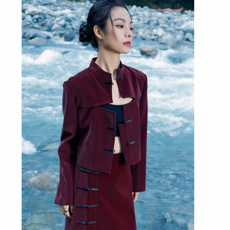 [Big Blue Dragon Series] ★China style outerwear★ PU jacket China button openwork wine red red