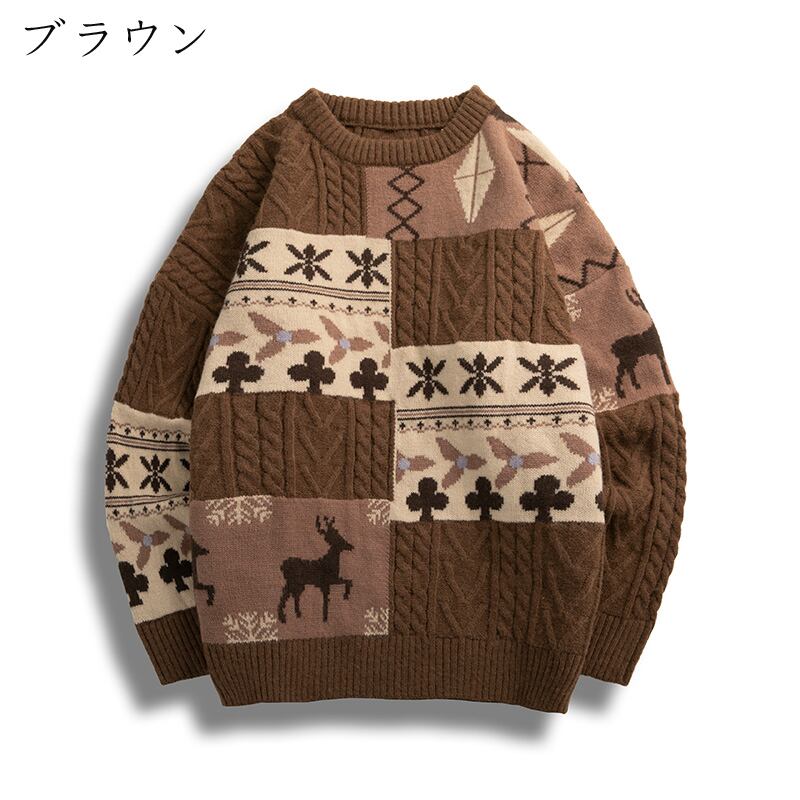 [Morimoto series] ★Sweater★ 3color tops, thick, warm, unisex, men's, floral pattern, retro, color scheme, easy to match