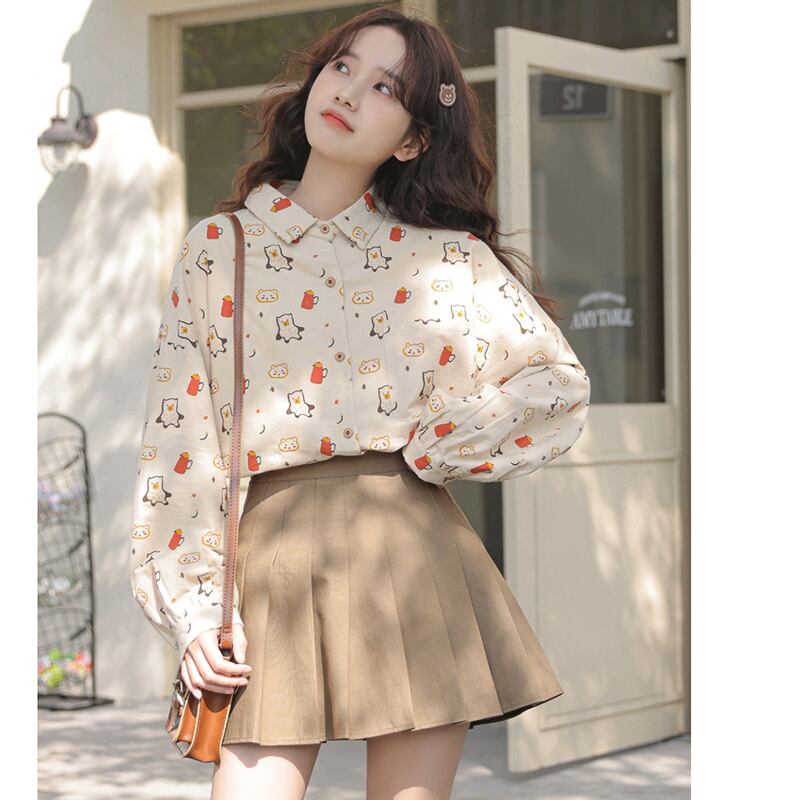 [Mago Series]★Shirt★ 3color Tops Penguin Long Sleeve Shirt Print Loose Cute SML