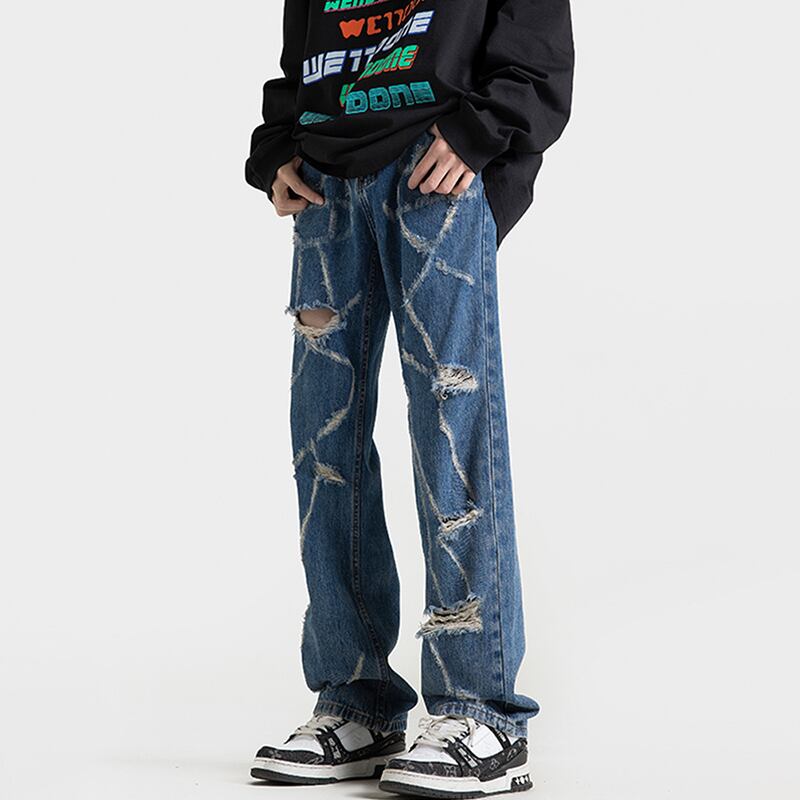 [BIGEMAN Series]★Denim Pants★ Unique Bottoms Trousers Men's Large Size Distressed Blue Blue