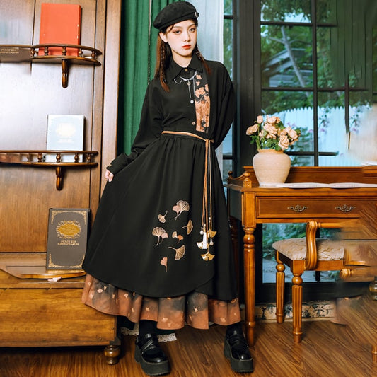 [Kokaisha --- Leaf Series] ★China style skirt★ Bottoms Switching Color scheme Floral print Black Black