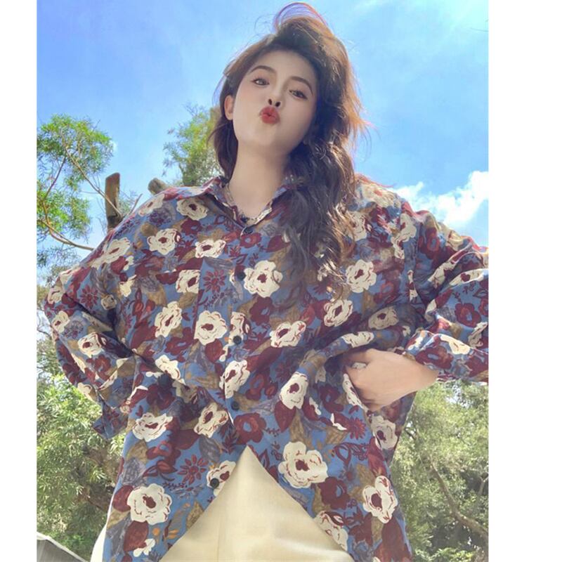 [YOUZI Series] ★Floral Pattern Shirt★ Tops Oil Painting Style Long Sleeve Shirt Loose Retro Commuting Date Cute Blue Blue