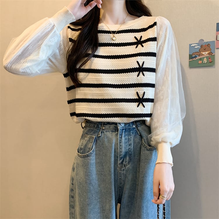 [SHENLANG Series] ★Tops★ 2color Long sleeve Vertical stripes Striped pattern Large size Blue Black Improves temperament