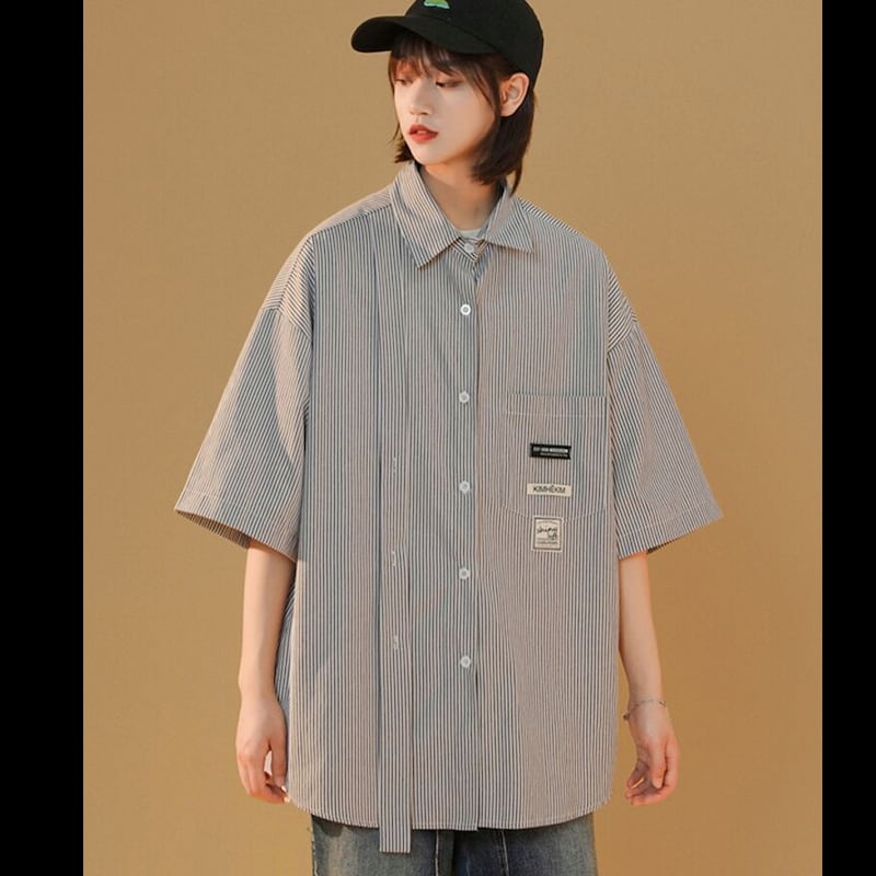 [Fujiiman Series]★Shirt★ 3color Tops Vertical stripes Summer Unisex Loose Cute Yellow Blue Black