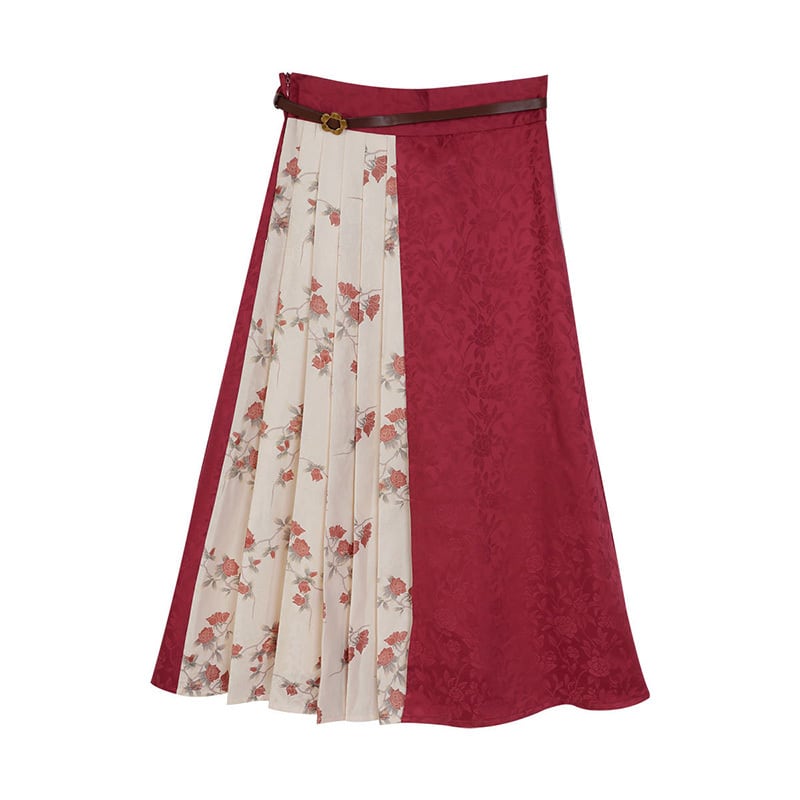 [Dust Smoke Cloud Dream---Fragrance Series] ★China style skirt★ Bottoms with belt Switching Floral pattern Red Red SML