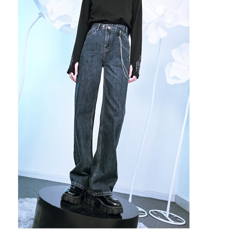 [Kokaisha---Tide Law Series] ★Denim pants with chain★ 2color bottoms slimming black gray blue SML XL