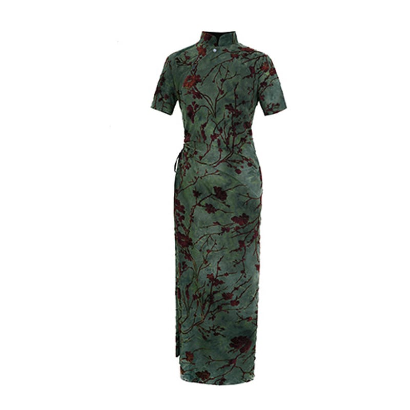 [Da Qinglong Shu Series]★China style dress★ Improved Chinese dress Sexy Velvet Long Length Original Photography Green Green Summer