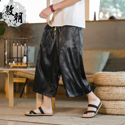 [Tsuncho Series]★China style trousers★Men's dragon crest wide pants 2color large size black white