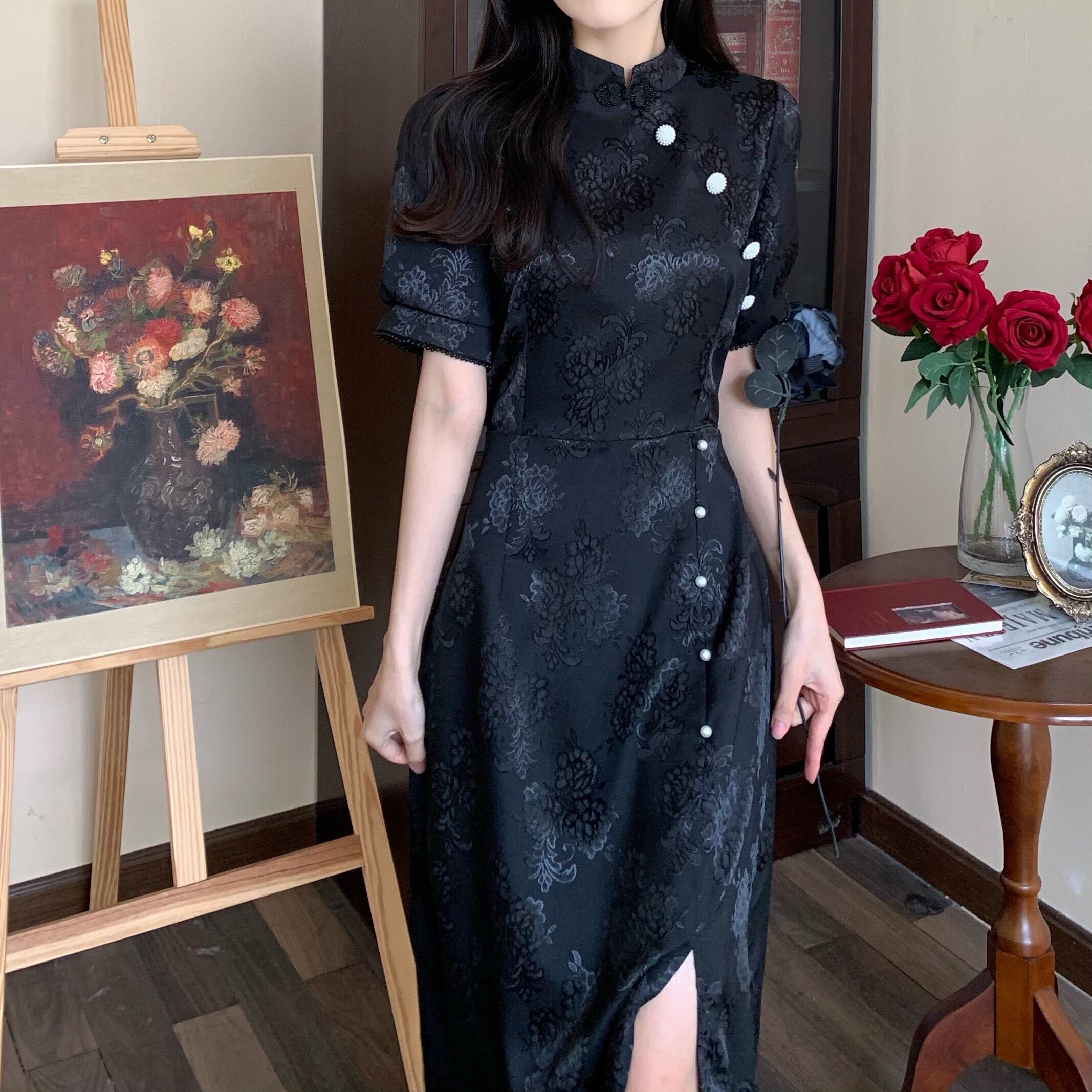 [Dong Xiaojie Series] ★China style dress★ Improved cheongsam dress, girls' party, black, black, large size, slimming slit