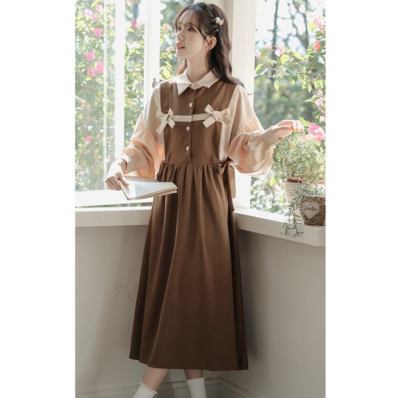 [Minami no Mori Series] ★One Piece★ Long Sleeve Women's Switching Faux Layered Office Lady Commuting Date Ribbon