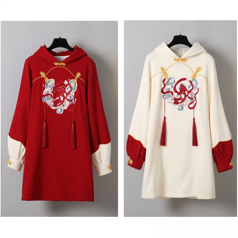 [Hersichy Series] ★Chinese style hoodie★ Fleece lining 2color hoodie dress Chinese clothing embroidery large size New Year red