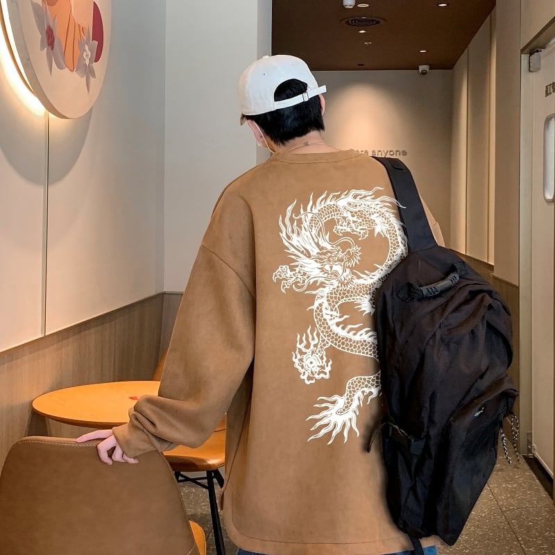 [JIAXUN Series]★China style tops★ 4color suede sweatshirt sweatshirt dragon dragon pattern unisex men's round neck