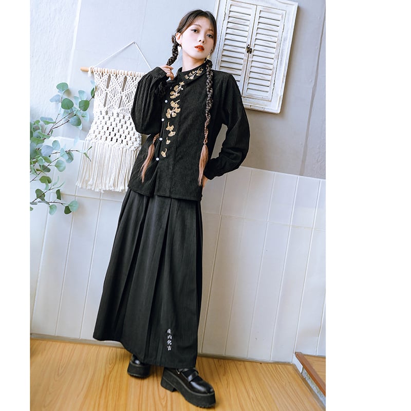 [Kokaisha --- Aikichi Series] ★China style skirt★ Bottoms switching velvet floral pattern black black