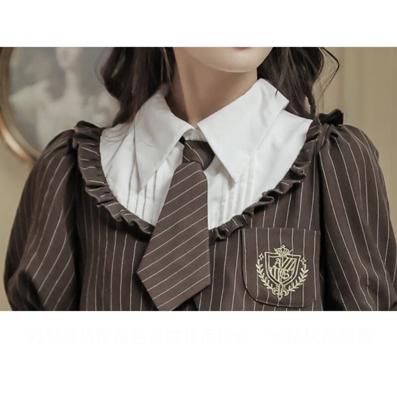 [GOODMORING Series]★Dress with tie★ Faux layered long sleeve dress Cute vertical striped striped pattern