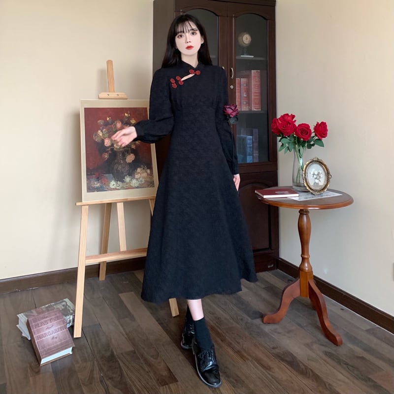 [Dong Xiaojie Series] ★Chinese style dress★ Large size Chinese dress Black Black improved cheongsam dress Long length Slim