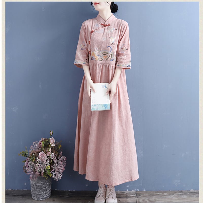 [Qing Series]★Chinese style dress★ 4 colors embroidery cotton linen white yellow blue pink literary style