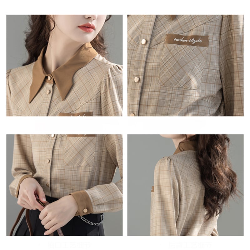 [GUIDUO Series]★Shirt★ Tops, long sleeve shirt, plaid pattern, women's, improves temperament, color scheme, easy to match, brown