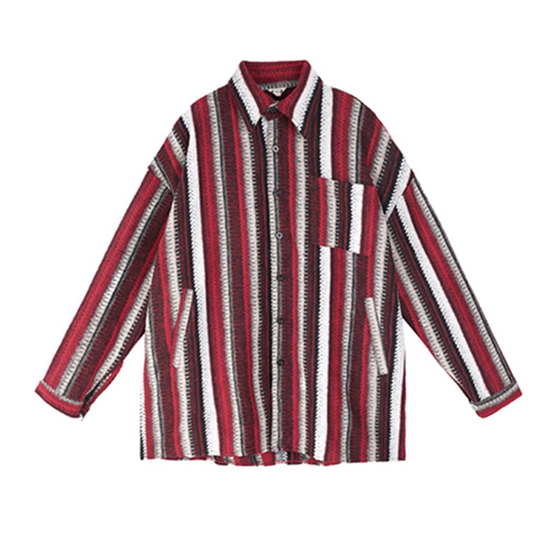 [Big Blue Dragon Series] ★China style tops★ Shirt Vertical striped striped red retro thick casual loose fitting