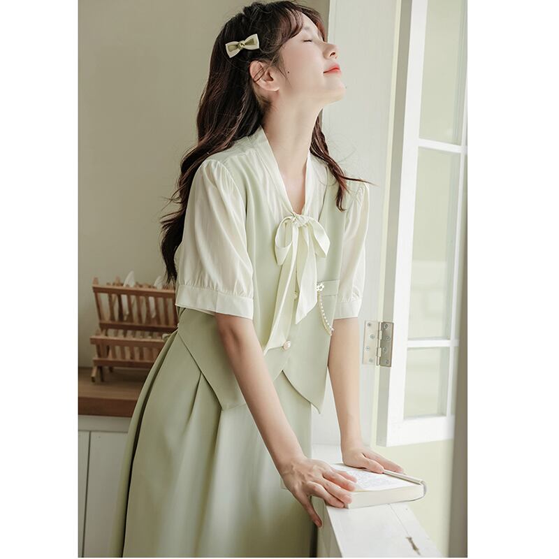 [Ali Series] ★One Piece★ Faux Layered Ribbon Commuting Wedding Date Office Summer Clothes Green Green