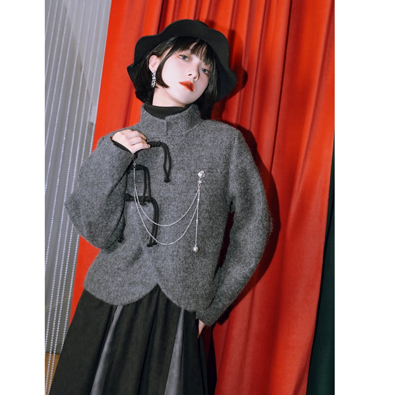 [Kokaisha---Ochienura Series] ★China style coat★ Lasha Quilted Winter Coat Short Length Gray