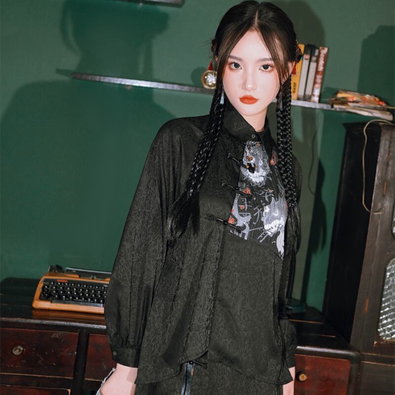 [Ancient monster house ---biting pattern series] ★China style shirt★ Switching print switching Black Black Harajuku style