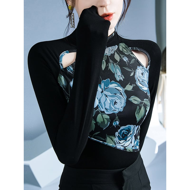 [ZHUOYAN Series]★China style top★ T-shirt, switching, floral pattern, long sleeve, sexy, slim, slimming, easy to match