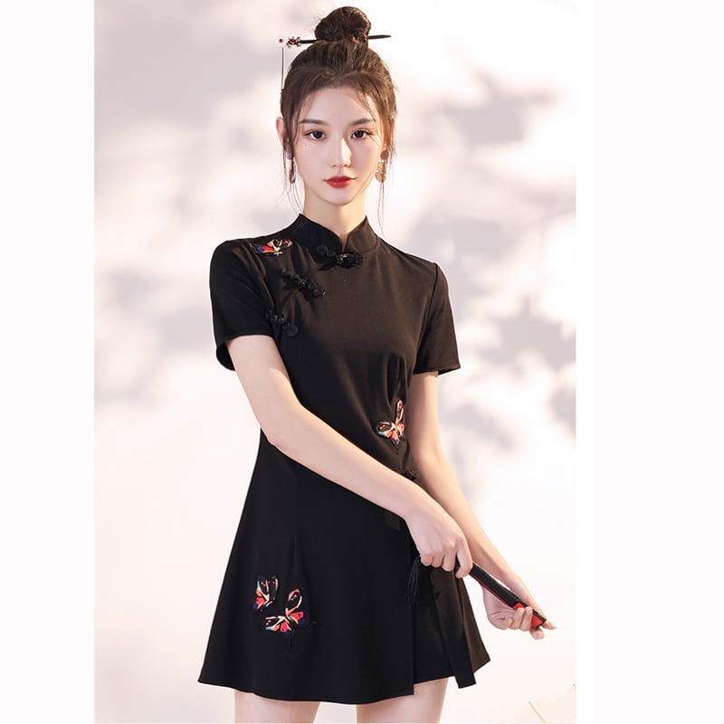 [Taibi Shiba Series]★China style setup★Cheongsam dress + shorts 2-piece set Butterfly Black Black