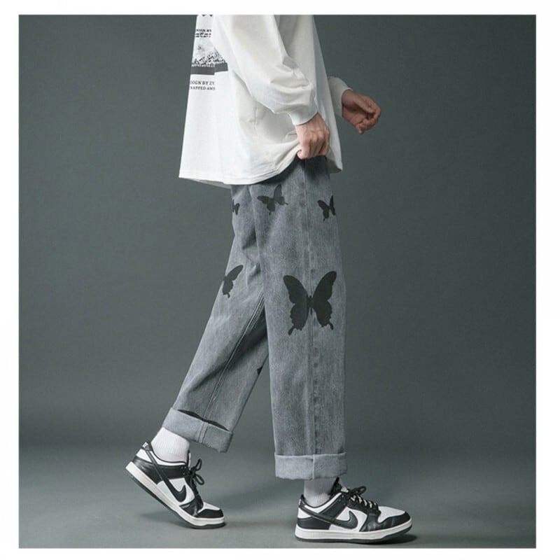 [Snow Qiongsi Series]★Denim Pants★ 2color Bottoms Pants Unisex Men's Butterfly Print Unique Black Blue