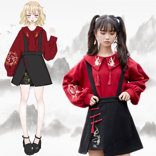 [Kokucho Series]★China style setup, single item order★ Tops or hanging skirt SML XL Red Black Cute