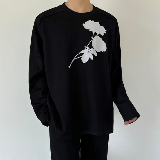 [Illustrated series] ★T-shirt★ 2color tops long sleeve T-shirt unisex men's simple floral pattern black white