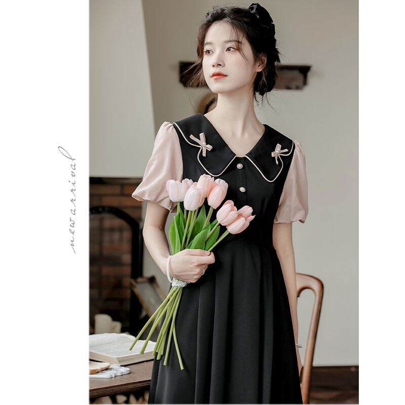 [White Moonlight Series]★China style dress★ 2color short sleeve dress summer clothes fake layered ribbon