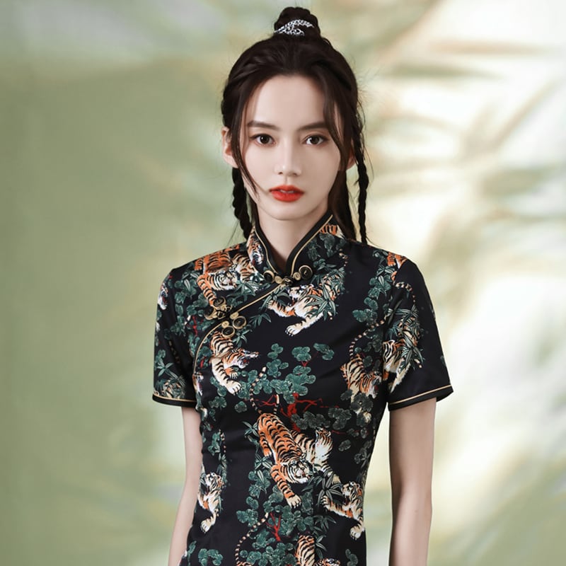 [YUEQIAO Series]★Cheongsam dress★Short length velvet Chinese style dress print retro