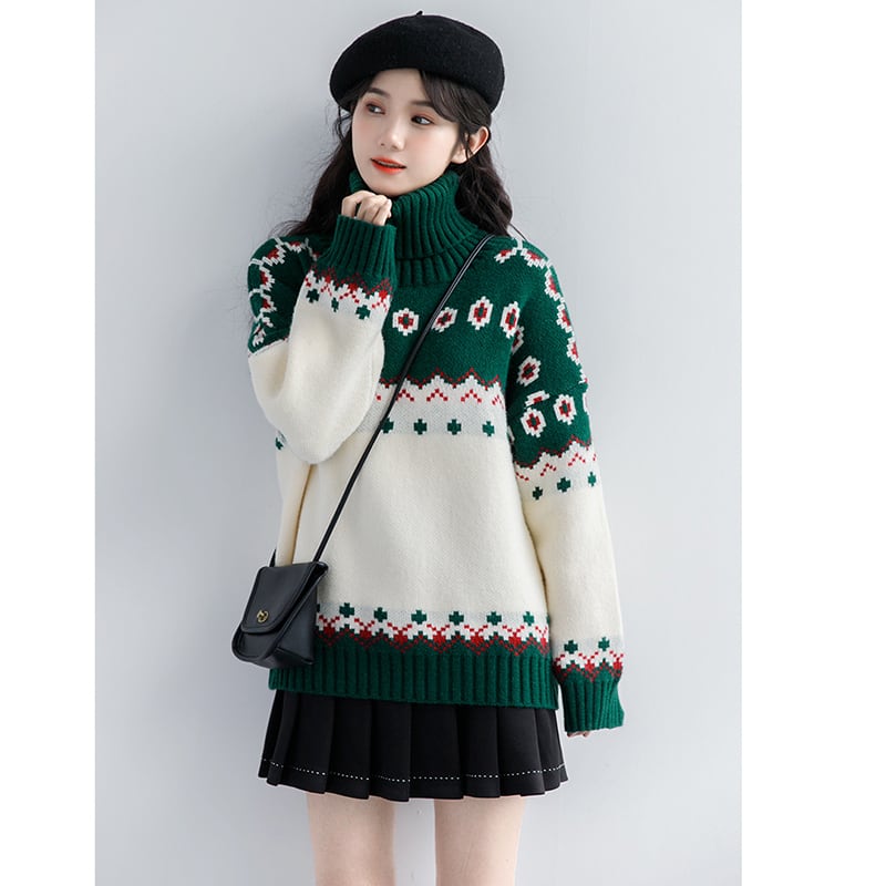 [ZISUO Series]★Sweater★ 2color Tops Christmas Red Green High Neck Thick Warm