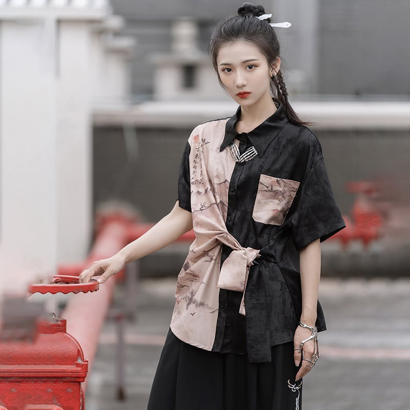 [Kyodo Series]★China style shirt★ Tops, letter pattern, unisex, men's short sleeve shirt, cool, unique, original