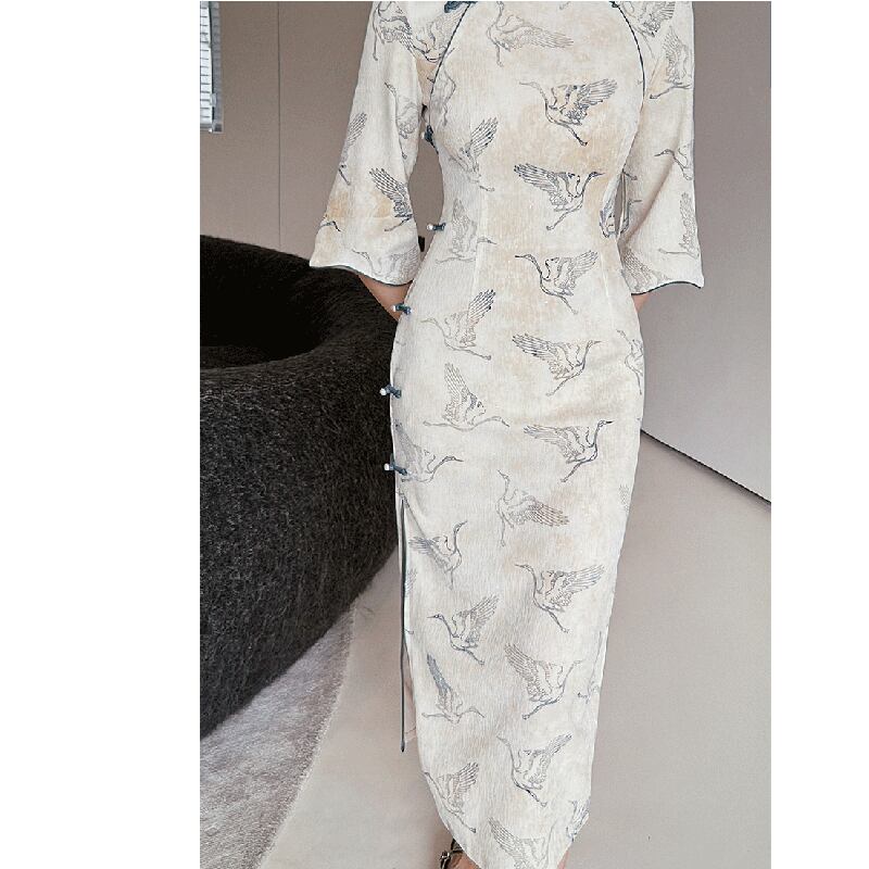 [Customize --- Kiyosagi Series] ★Cheongsam dress★ Chinese-style dress, improves temperament, Chinese clothes, crane pattern, crane, long length