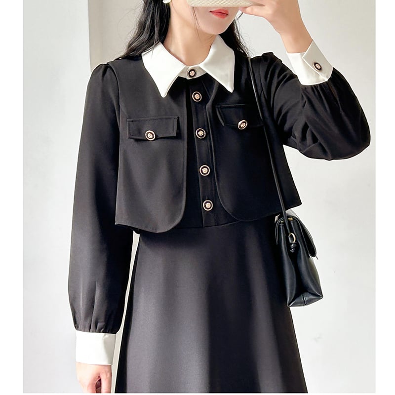 [LANXIAOMU Series] ★One Piece★ Switching Temperament Enhancement Long Sleeve Dress Long Sleeve Faux Layered Black