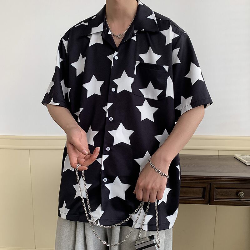 [Illustrated Series]★Shirt★ 2color Tops Star Print Fashion Unisex Men's Summer Clothes Cute Short Sleeve