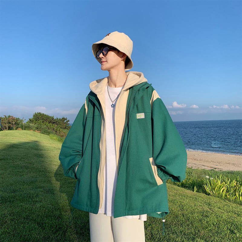 [MANYSTON series]★Jacket★ Outerwear 3color fake layered hooded unisex men's green black beige