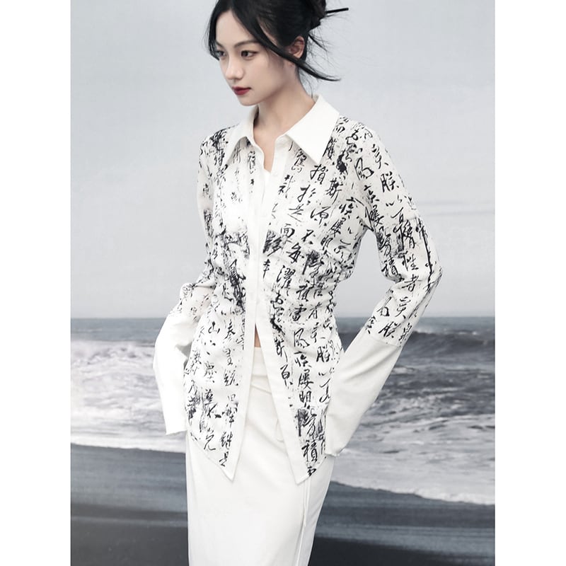 [Da Qinglong Shu Series] ★Chinese Style Shirt★ Tops Letter Pattern Long Sleeve Shirt Chinese Clothes Original White White