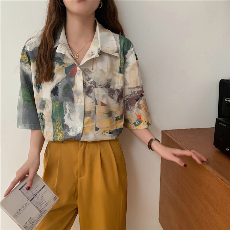 [YIHAO Series]★Shirt★ Tops Oil Painting Style Men's Short Sleeve Shirt Summer Clothing Women's Fashion Cool