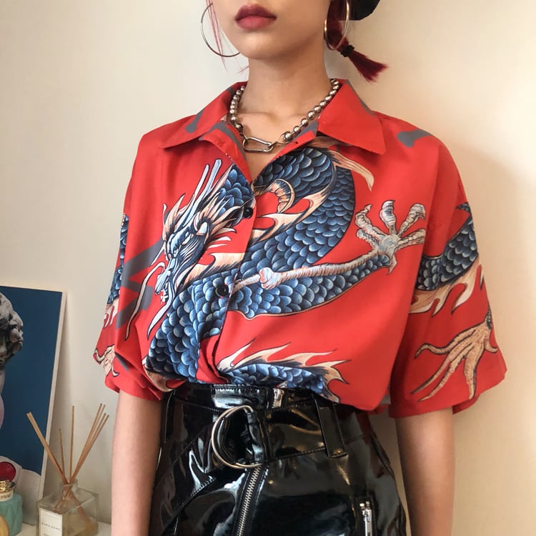 [Yuan Xiaoji Series] ★China style shirt★ Tops 2 colors Red or blue Dragon pattern Dragon pattern Loose fitting Unisex Couple clothes