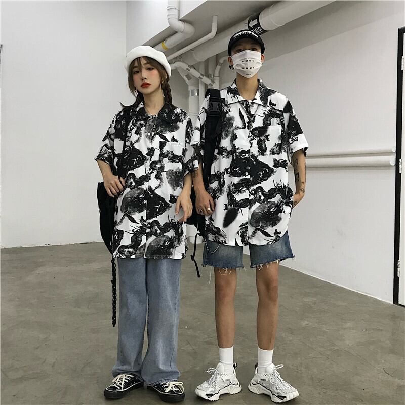 [Miyakoya Series]★China style shirt★ Short sleeve, dragon crest, floral pattern, unisex, ML, summer, cool, couple clothes, everyday wear