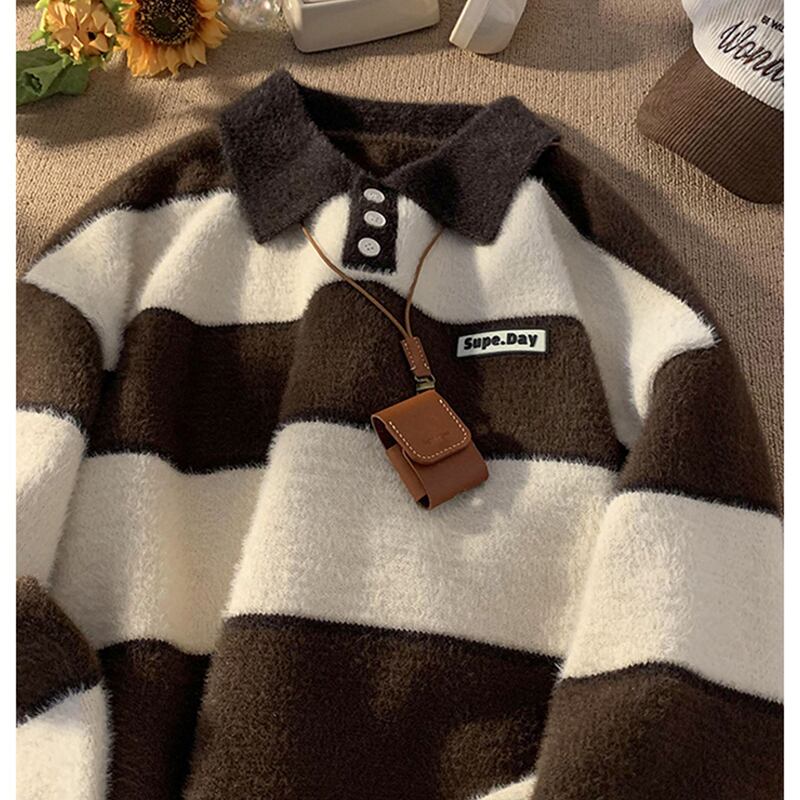 [PPG Series]★Sweater★ 3color Knit Tops Horizontal Striped Pattern POLO Neck Unisex Men's Green Gray Brown