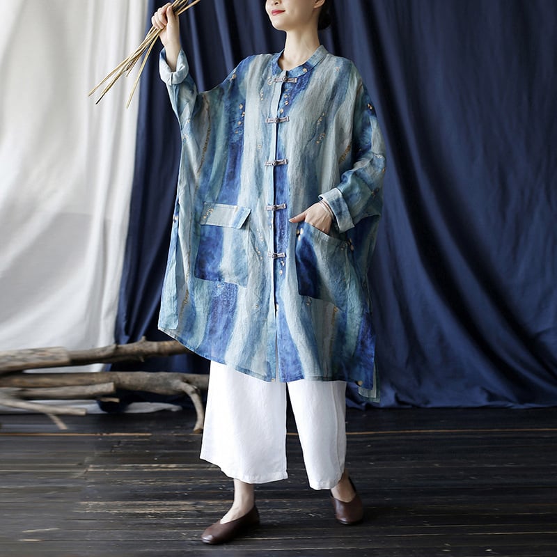 [LIANSHANG Series] ★Chinese style tops★ Shirt, long shirt, blue, loose, slimming, Chinese clothes