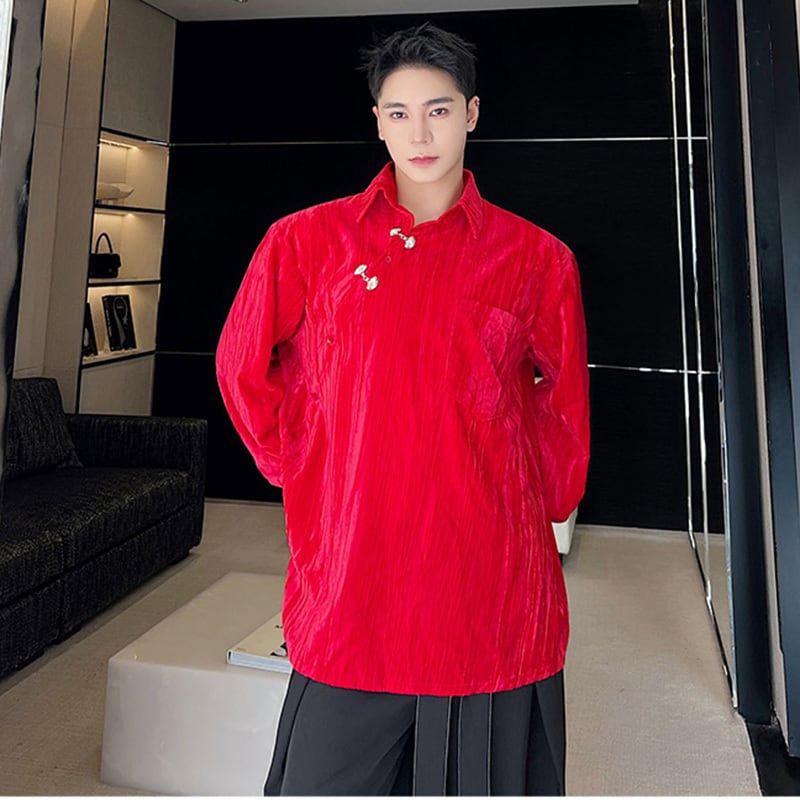 [Illustrated series] ★China style shirt★ 2color velvet improved Tang suit unisex men's black red