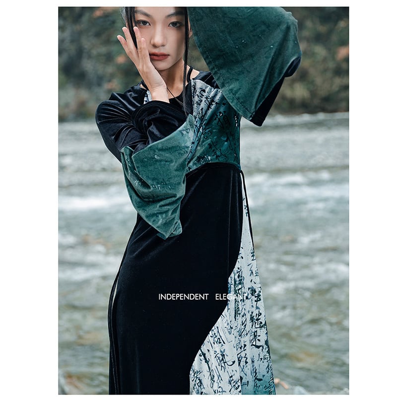 [Big Blue Dragon Series] ★China style dress★ Long length, letter pattern, switching, velvet, original