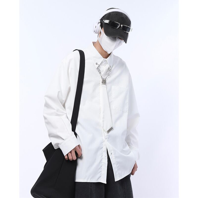 [KAER Series]★Shirt with tie★ Tops 2color Long sleeve shirt Short sleeve shirt Unisex Men's Large size Black White