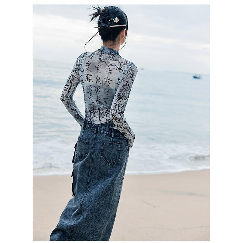 [Daiseiryusu Series] ★China style skirt★ Bottoms Denim skirt Long skirt Slit