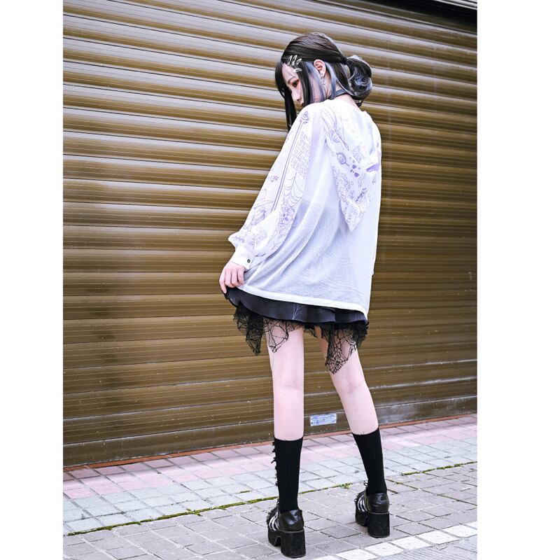 [Kokaisha---Monster CLUB Series] ★China style outerwear★ 2color tops with hat printed long sleeves summer spring thin sheer ML XL