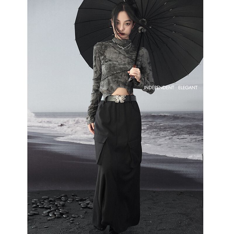 [Big Blue Dragon Series] ★China style skirt★ Bottoms, ladies, easy to match, long length, original, black